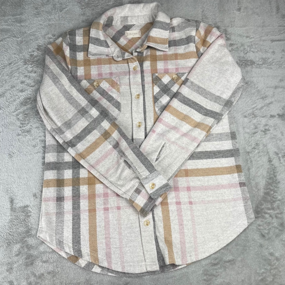 Altar'd State Buttercream Plaid Button Down Shirt XS Tan Grey Pink Brushed Knit